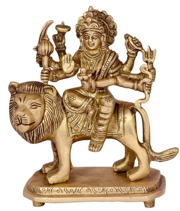 Hindu Goddess Durga Brass Statue and Sculpture Sitting on Lion 5.7 Inches