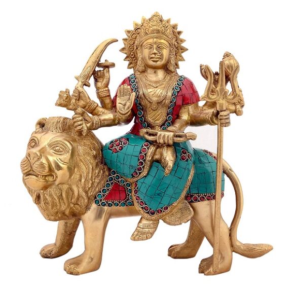 Durga ma Sitting on Lion Statue Brass Sculptures Height -11″ | Home Decor