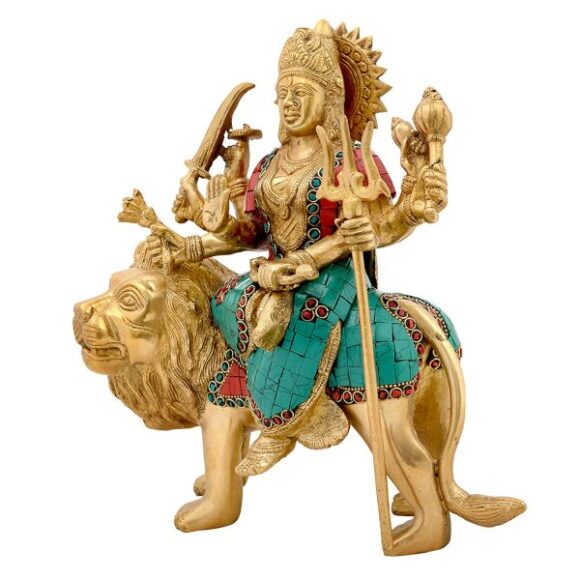 Durga ma Sitting on Lion Statue Brass Sculptures Height -11″ | Home Decor - Image 2