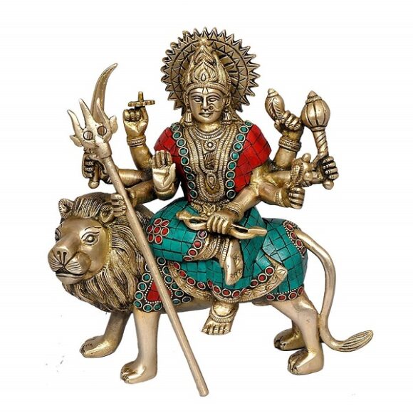 Brass Maa Durga Idol Sitting On Lion Ma Sherwali Murti Devi Statue for Home Mandir Office Living Room Shop Gift Navratra Puja Multicolor Stone Work Color Height 9 Inches