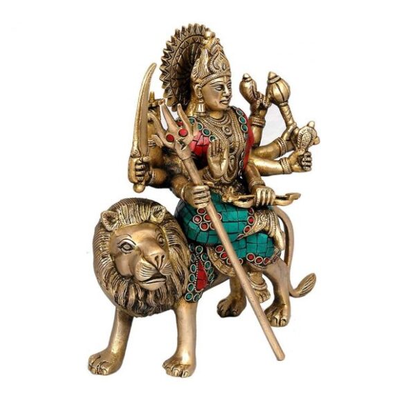 Brass Maa Durga Idol Sitting On Lion Ma Sherwali Murti Devi Statue for Home Mandir Office Living Room Shop Gift Navratra Puja Multicolor Stone Work Color Height 9 Inches - Image 2