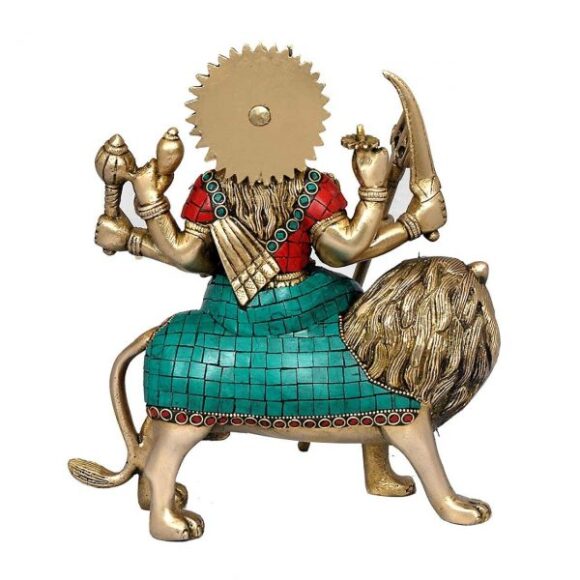 Brass Maa Durga Idol Sitting On Lion Ma Sherwali Murti Devi Statue for Home Mandir Office Living Room Shop Gift Navratra Puja Multicolor Stone Work Color Height 9 Inches - Image 3