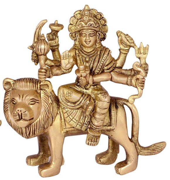 India Hindu Goddess Durga Brass Statue and Sculpture Sitting on Lion 5.7 Inches