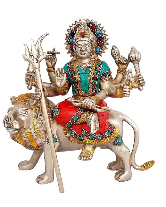 10 inch Tall Maa Durga Idols Murti Hindu Goddess Durga Statue with Lion Standing Gods Figurine