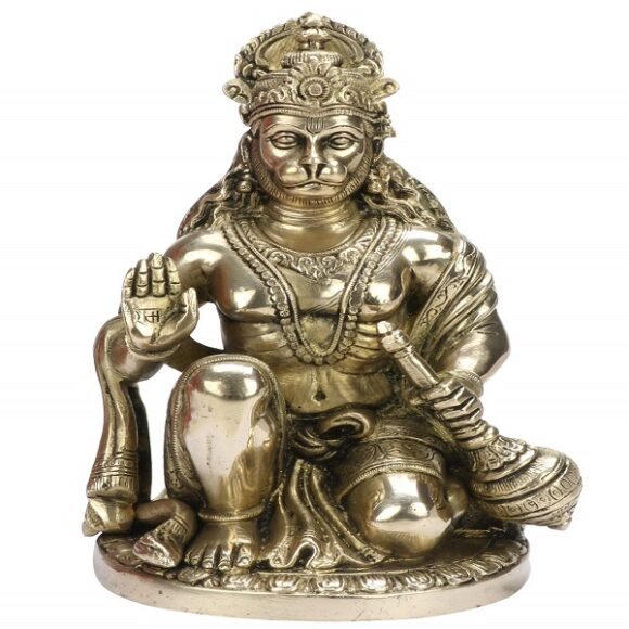 Brass Hanuman Murti in Blessing Posture with Gada Sitting Statue | Idol Height 9” Inches