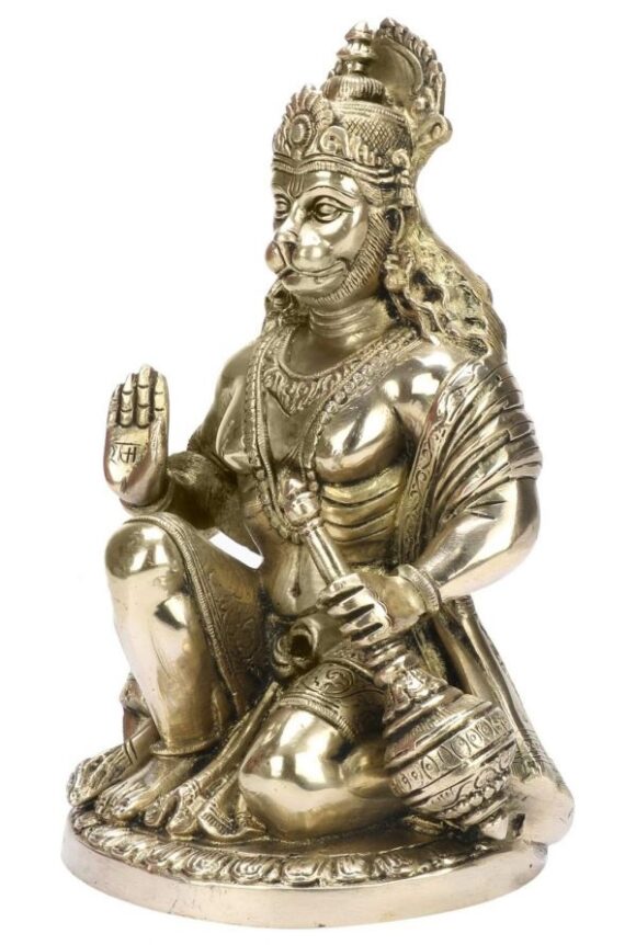 Brass Hanuman Murti in Blessing Posture with Gada Sitting Statue | Idol Height 9” Inches - Image 2