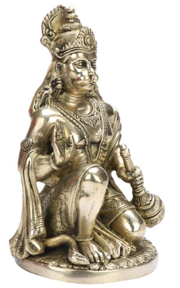 Brass Hanuman Murti in Blessing Posture with Gada Sitting Statue | Idol Height 9” Inches - Image 3