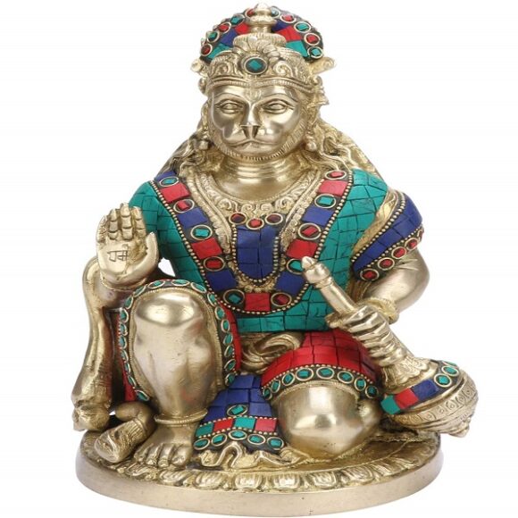 Brass Hanuman Ji Murti in Blessing Posture with Gada Sitting Multicolor Gemstone Handwork Statue | Idol Home Office Decor Height 9”