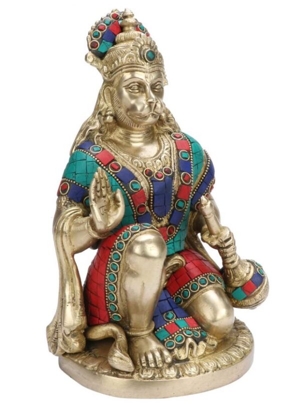 Brass Hanuman Ji Murti in Blessing Posture with Gada Sitting Multicolor Gemstone Handwork Statue | Idol Home Office Decor Height 9” - Image 2