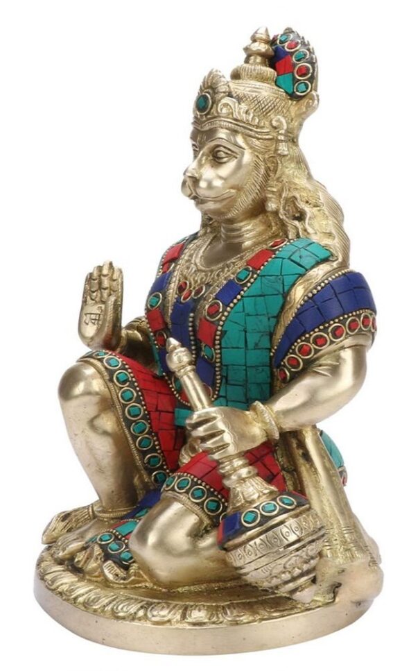 Brass Hanuman Ji Murti in Blessing Posture with Gada Sitting Multicolor Gemstone Handwork Statue | Idol Home Office Decor Height 9” - Image 3