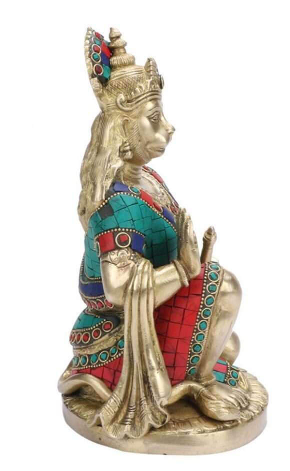 Brass Hanuman Ji Murti in Blessing Posture with Gada Sitting Multicolor Gemstone Handwork Statue | Idol Home Office Decor Height 9” - Image 4