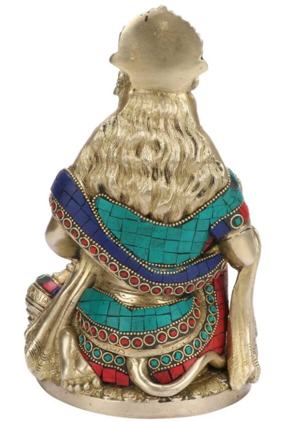 Brass Hanuman Ji Murti in Blessing Posture with Gada Sitting Multicolor Gemstone Handwork Statue | Idol Home Office Decor Height 9” - Image 5