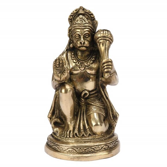 Brass Bhagwan Hanuman Sitting with Gada on Shoulder Murti for Home Puja Idol Blessing Bajrangbali Statue for Pooja Gift Living Room Mandir Decor Gold Color Height 6 Inch