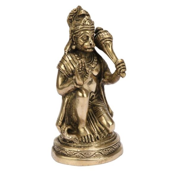 Brass Bhagwan Hanuman Sitting with Gada on Shoulder Murti for Home Puja Idol Blessing Bajrangbali Statue for Pooja Gift Living Room Mandir Decor Gold Color Height 6 Inch - Image 2