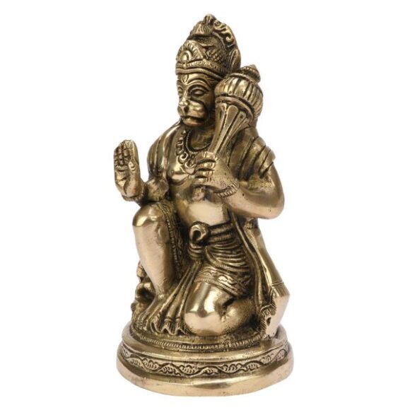 Brass Bhagwan Hanuman Sitting with Gada on Shoulder Murti for Home Puja Idol Blessing Bajrangbali Statue for Pooja Gift Living Room Mandir Decor Gold Color Height 6 Inch - Image 3