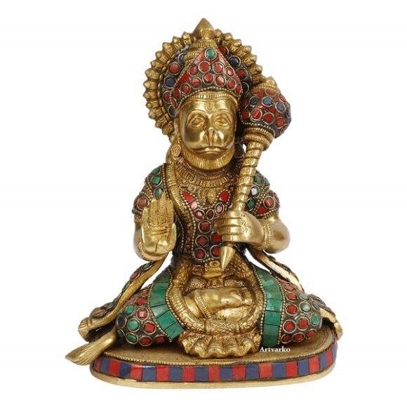 Hanuman Brass Statue | Hindu Lord Bajarang Bali Multicolor Stone Work Height 8 Inch