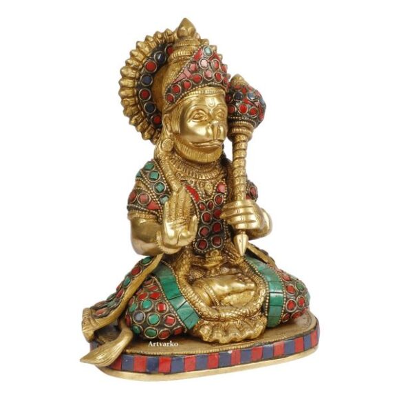 Hanuman Brass Statue | Hindu Lord Bajarang Bali Multicolor Stone Work Height 8 Inch - Image 2