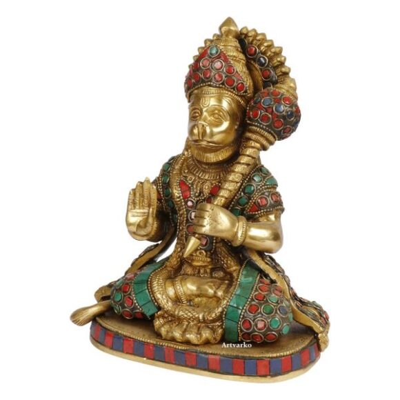 Hanuman Brass Statue | Hindu Lord Bajarang Bali Multicolor Stone Work Height 8 Inch - Image 3
