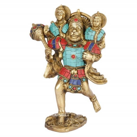 God Hanuman Carrying Lord Rama and Laxman Brass Multicolor Statue Bajrangbali Bhagwan Home Décor Office Idol Murti Pooja Puja Temple. (Multicolor, 8)