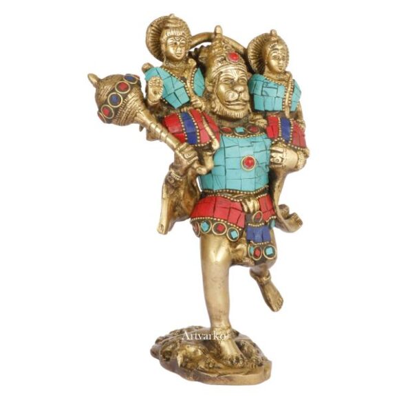 God Hanuman Carrying Lord Rama and Laxman Brass Multicolor Statue Bajrangbali Bhagwan Home Décor Office Idol Murti Pooja Puja Temple. (Multicolor, 8) - Image 2
