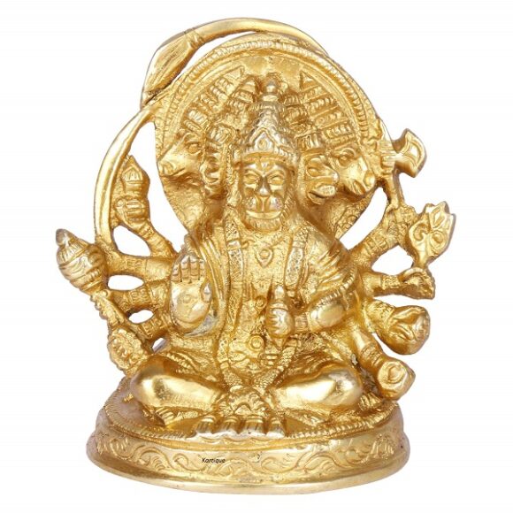 Brass Hindu God Bajrangbali Sankat Mochan Panchmukhi Hanuman Idol Statue Murti for Home Office Entrance Decor Temple Mandir Pooja Puja Gold Brown 3.2 Inches