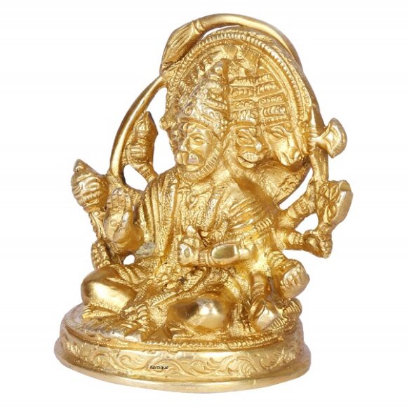 Brass Hindu God Bajrangbali Sankat Mochan Panchmukhi Hanuman Idol Statue Murti for Home Office Entrance Decor Temple Mandir Pooja Puja Gold Brown 3.2 Inches - Image 2