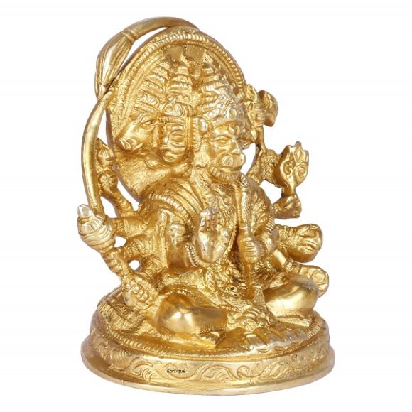 Brass Hindu God Bajrangbali Sankat Mochan Panchmukhi Hanuman Idol Statue Murti for Home Office Entrance Decor Temple Mandir Pooja Puja Gold Brown 3.2 Inches - Image 3