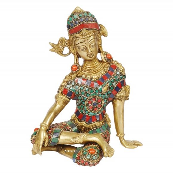 Brass Murti of Lord Indra Dev Mahavastu Rain God | Color Gemstone Handwork Inder Dev| Vastu Remedy | FengShui | Height 9.5 inches