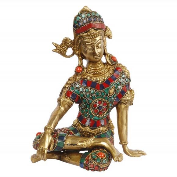 Brass Murti of Lord Indra Dev Handwork Inder Dev | Vastu Remedy | Feng Shui | Sitting God Statue Good Luck Gift Marriage House Warming Color Stone Chips Height 9.5 Inch