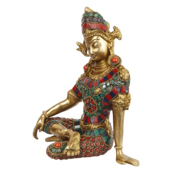 Brass Murti of Lord Indra Dev Handwork Inder Dev | Vastu Remedy | Feng Shui | Sitting God Statue Good Luck Gift Marriage House Warming Color Stone Chips Height 9.5 Inch - Image 3