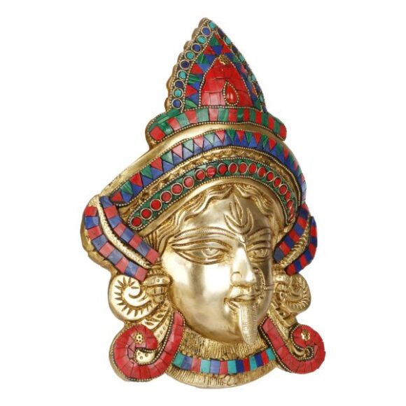 Brass Kali MATA Maa Face Mask Idol Statue Murti for Office Home Decor Wall Mount Metal Durga Evil Eye Vastu Protection Multi Color Stone Chips Size 10.5 Inch - Image 2