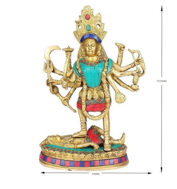Big Brass Maa Kali Statue with Color Gemstone | Adi Shakti Ma Goddess Murti Idol| Aadya Chamunda Kamakshi Height 11.5 Inches - Image 2