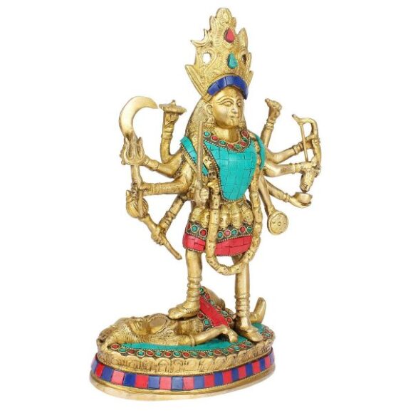 Big Brass Maa Kali Statue with Color Gemstone | Adi Shakti Ma Goddess Murti Idol| Aadya Chamunda Kamakshi Height 11.5 Inches - Image 3