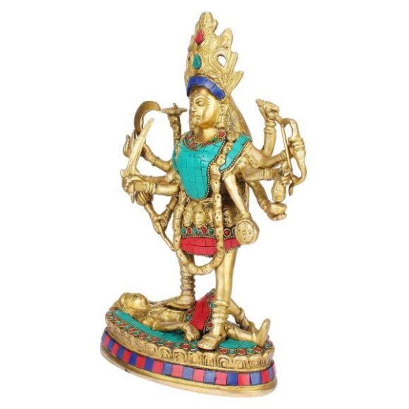 Big Brass Maa Kali Statue with Color Gemstone | Adi Shakti Ma Goddess Murti Idol| Aadya Chamunda Kamakshi Height 11.5 Inches - Image 4
