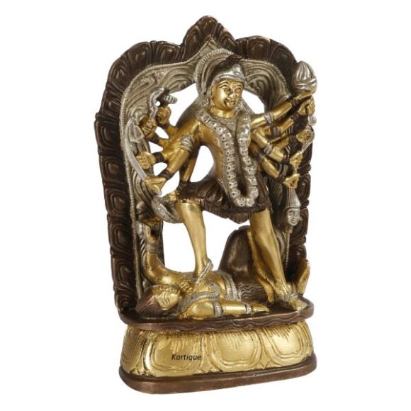Brass Maa Kali Statue | Adi Shakti Ma Goddess Murti Idol Aadya Chamunda Kamakshi Silver Brown Color Height 6.75 Inches - Image 2