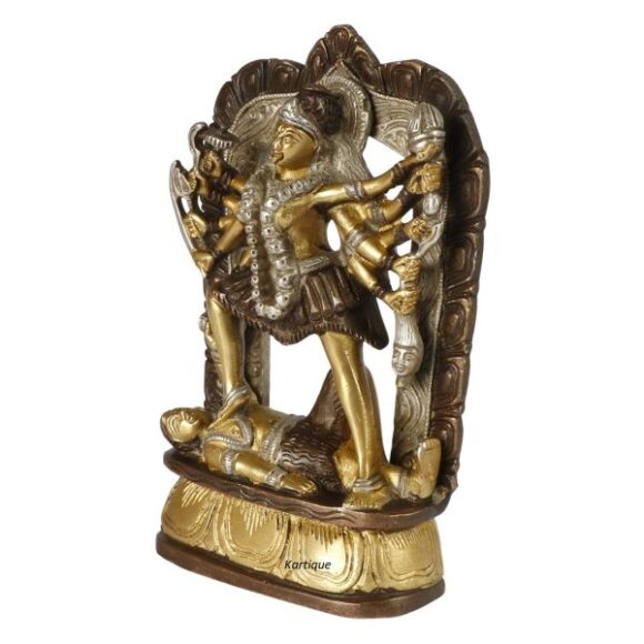 Brass Maa Kali Statue | Adi Shakti Ma Goddess Murti Idol Aadya Chamunda Kamakshi Silver Brown Color Height 6.75 Inches - Image 3