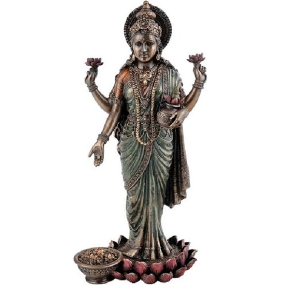 Hindu Goddess Maa Laxmi Idol Bronze Statue – Standing Devi Lakshmi Cold Cast Sculpture Temple Puja Home Decor Murti