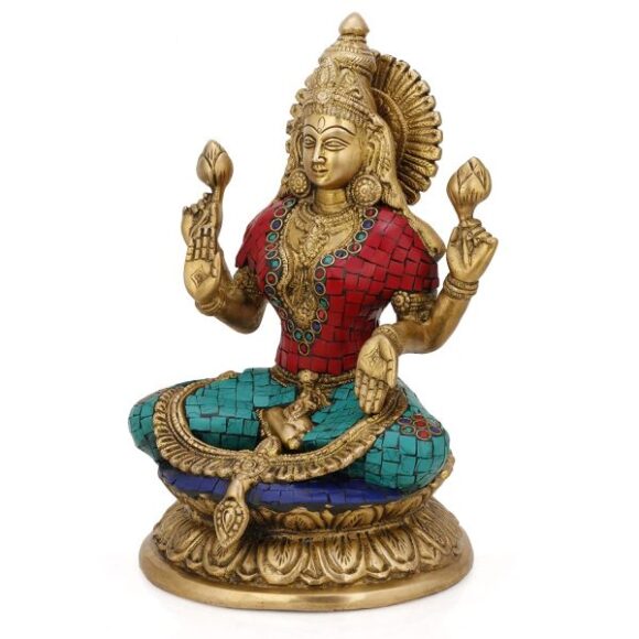 Brass Laxmi Idol, 9 Inches, Multicolour - Image 2