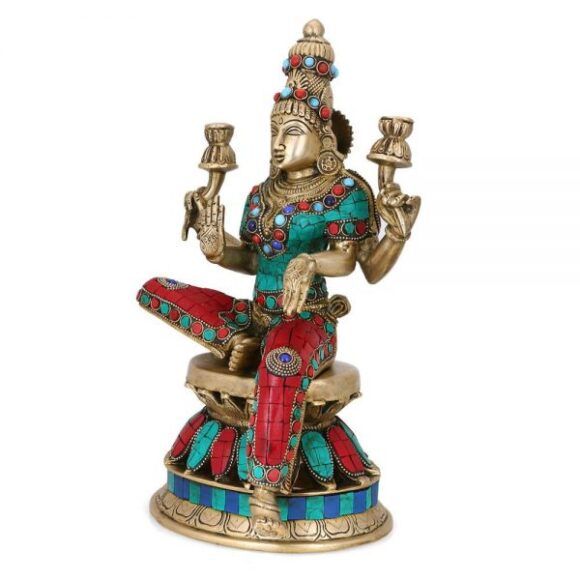 Large Maa Lakshmi Idol Hindu Goddess Laxmi Statue -Goddess of Wealth Prosperity Brass Turquoise Sculptures - Image 2