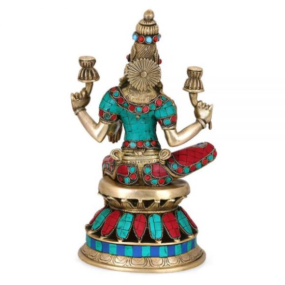 Large Maa Lakshmi Idol Hindu Goddess Laxmi Statue -Goddess of Wealth Prosperity Brass Turquoise Sculptures - Image 3
