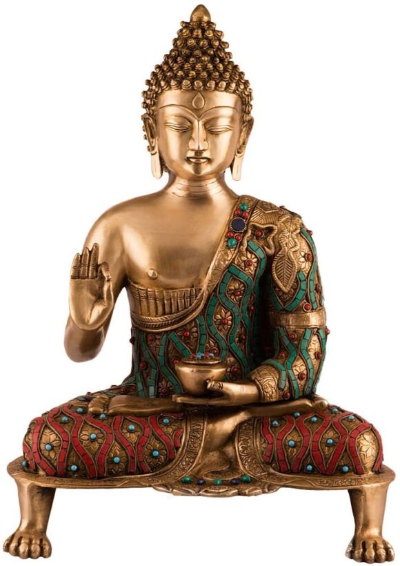 21 Inch Big Brass Multicolor Meditating Gautam Buddha Statue Gemstone Work Idol for Home Decoration Religious Gift Showpiece Vastu Statue