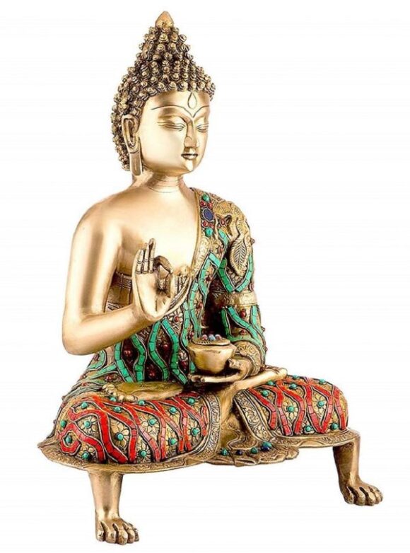21 Inch Big Brass Multicolor Meditating Gautam Buddha Statue Gemstone Work Idol for Home Decoration Religious Gift Showpiece Vastu Statue - Image 2