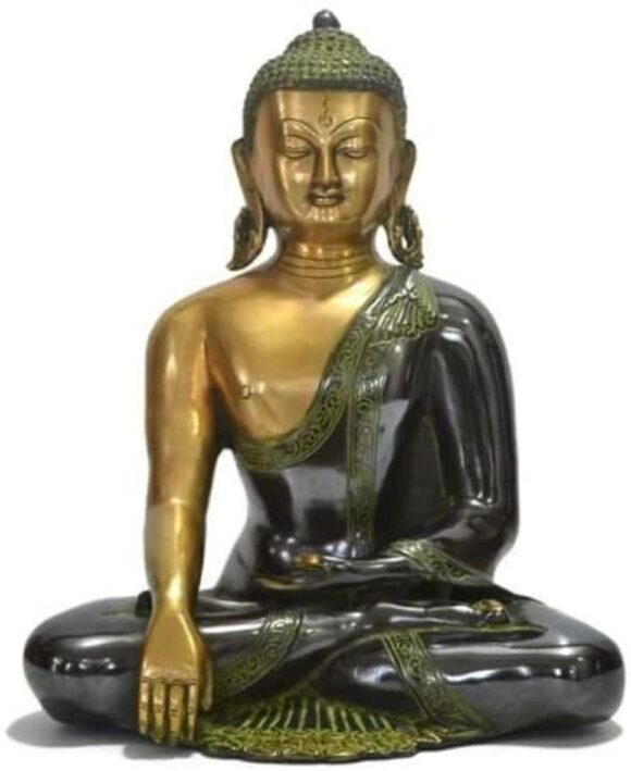 12″ Large Buddha Statue, Tibetan Buddha Sculpture Carved Metal Figurine Antique Finish