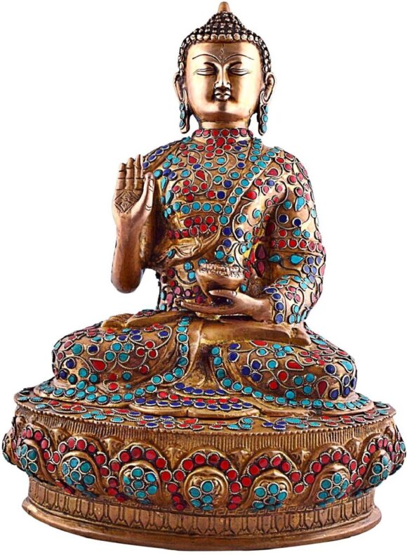 1.2 FEET Tall Tibetan Buddha Statue Large,Vintage Coral Turquoise Gemstones Bronze Old Buddhist Sakyamuni Blessing Buddha Sculpture