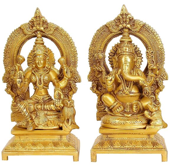 Brass India Lakshmi And Ganesha Sculpture (7 x 4 x 3 Inch, Gold, 2 Piece)