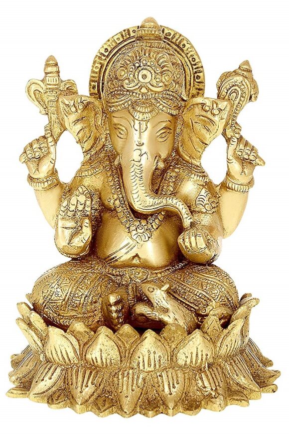 Brass Lord Ganesha Sitting On Lotus Height 6 Inches