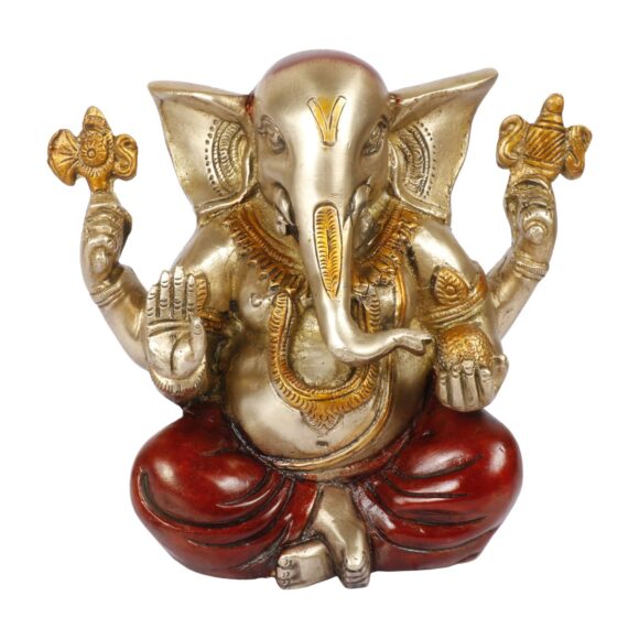 Brass Lord Ganesha Bhagwan with Large Ears Mangalkari Ganesh Idol Ganpati Murti Statue Home Office Entrance Decor Pooja in Silver and Cherry Color Height 6.5 Inch Weight 3 KG