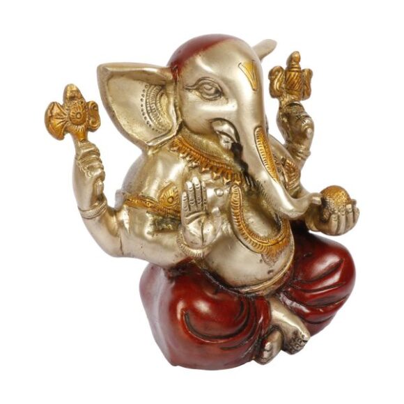 Brass Lord Ganesha Bhagwan with Large Ears Mangalkari Ganesh Idol Ganpati Murti Statue Home Office Entrance Decor Pooja in Silver and Cherry Color Height 6.5 Inch Weight 3 KG - Image 2