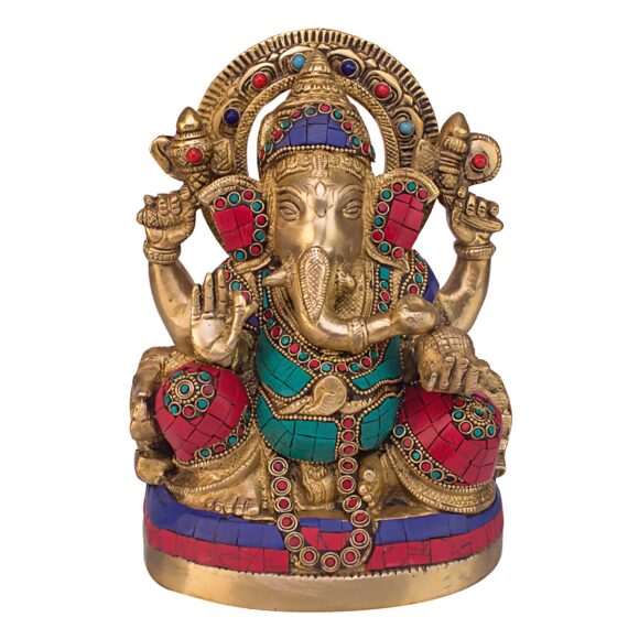 Brass Ganesh Bhagwan Idol Sitting Posture Ganesha Statue Ganpati Murti for Home Décor Entrance Diwali Gift Decorated with Multicolored Stone