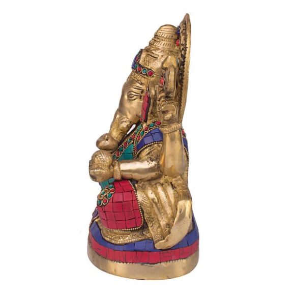Brass Ganesh Bhagwan Idol Sitting Posture Ganesha Statue Ganpati Murti for Home Décor Entrance Diwali Gift Decorated with Multicolored Stone - Image 3